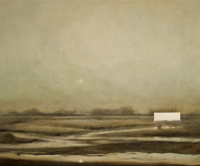 'Finding Silence' Deborah Grice contemporary  oil painting of pastoral landscape with a white geometric square arsing from marshland.