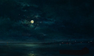 'Beseech' Deborah Grice contemporary  nocturnal oil painting of a coastline with streetlights on the opposite shore. 