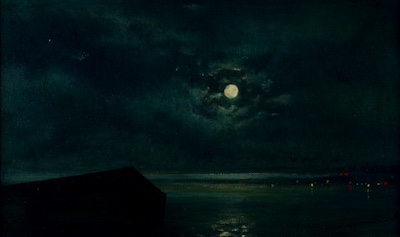 'Beseech II' Deborah Grice contemporary  nocturnal oil painting of a coastline with streetlights on the opposite shore. With a black geometric boat house.