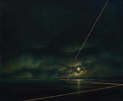 'Resolution IV' Deborah Grice contemporary  nocturnal oil painting of a coastline with streetlights on the opposite shore. With gold and red geometric lines.