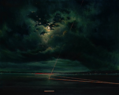 'Absolution' Deborah Grice contemporary  nocturnal oil painting of a coastline with streetlights on the opposite shore. With gold and red geometric lines.