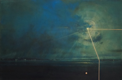 'It Is Here' Deborah Grice contemporary  nocturnal oil painting of a coastline with streetlights on the opposite shore. With yellow geometric lines.