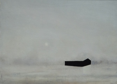 'Refuge' Deborah Grice contemporary  oil painting of pastoral landscape with a black geometric cottages.