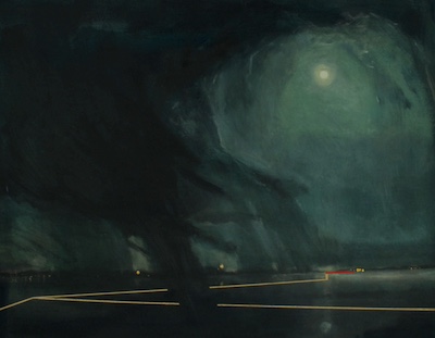 'Epiphany' Deborah Grice contemporary  nocturnal oil painting of a coastline with streetlights on the opposite shore. With gold geometric  lines.