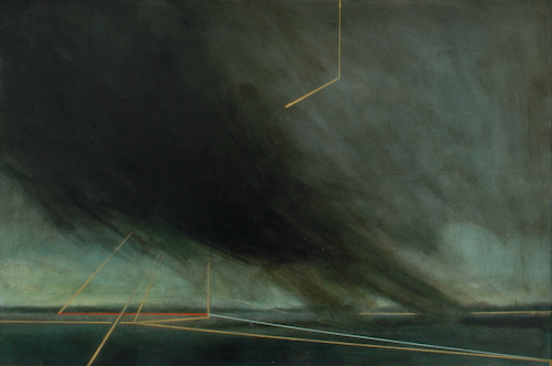 'The Search' Deborah Grice contemporary  nocturnal oil painting of a coastline with streetlights on the opposite shore. With red and gold geometric lines.