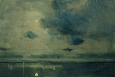 'Coastal Moonlight III' Deborah Grice contemporary  nocturnal oil painting of a coastline with streetlights on the opposite shore and moon in a stormy sky. With yellow geometric lines.