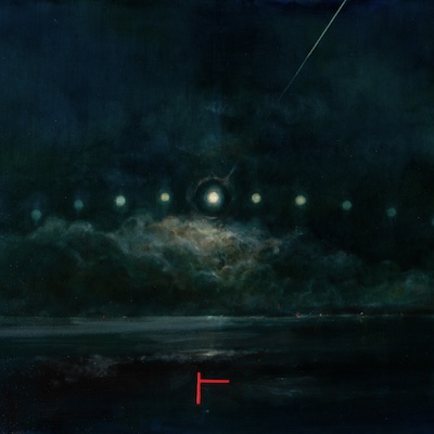 'Elsewhere II' Deborah Grice's contemporary oil painting of nocturne showing the slow timelapse of the moon over a tempestous sea with a brooding sky.