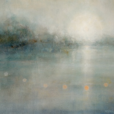 'Silent Suns - 9' Deborah Grice's contemporary oil painting of nine suns reflected on a pastoral river scene with a sundog.